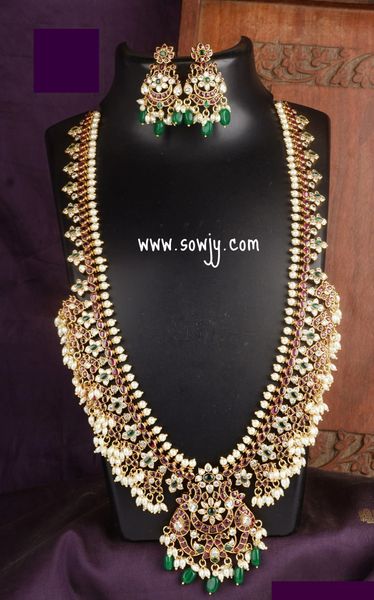Jadau Kundan Replica Design Grand Kemp Stone Very Long Peacock Pendant Haaram/necklace with Matching Earrings!!!