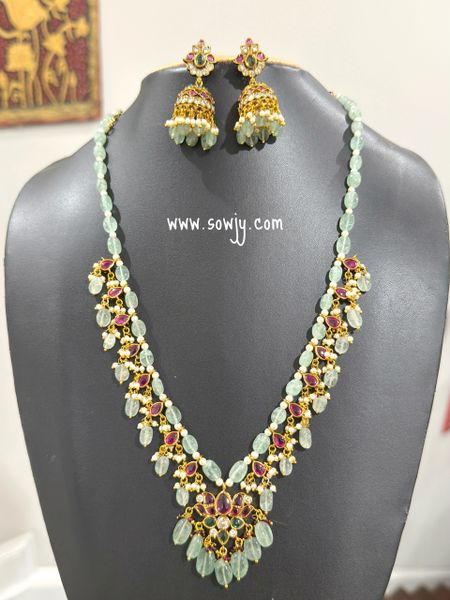 Lovely Lotus Real Kemp Stone Pendant Very Long Necklace in Sea Green Russian beads with matching Medium Size Jhumkas!!!!