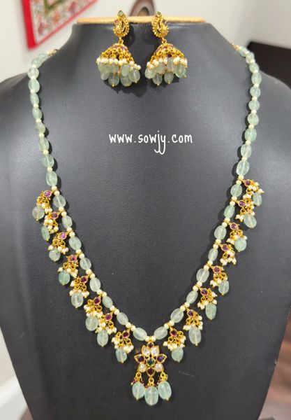 Lovely Star Flower Design Real Kemp Stone Pendant Very Long Necklace in Sea Green Russian beads with matching Medium Size Jhumkas!!!!