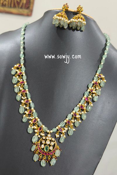 Lovely Chaandbali Floral Design Real Kemp Stone Pendant Very Long Necklace in Sea Green Russian beads with matching Medium Size Jhumkas!!!!