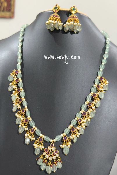 Lovely Floral Design Real Kemp Stone Pendant Very Long Necklace in Sea Green Russian beads with matching Medium Size Jhumkas!!!!