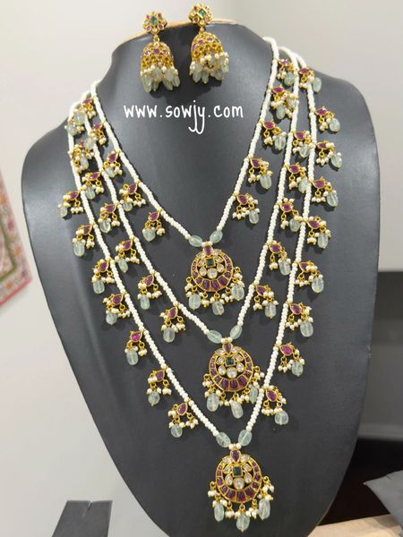 Beautiful Chaandbali Floral Pattern Jadau Replica Real Kemp Stone Three Layer Pearl Long Designer Haaram with matching Medium Size Jhumkas!!!