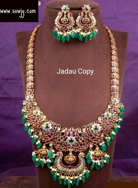 Jadau Replica Real Kemp Stone Gold Finish Grand and Very Big Broad Peacock Long Haaram with Matching Earrings!!!