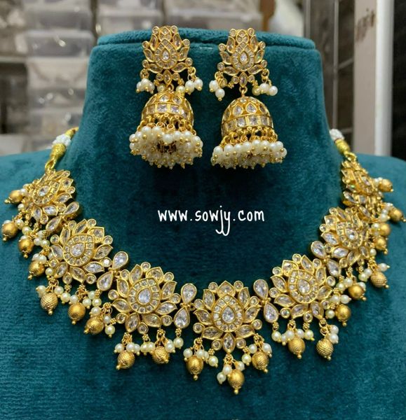 Beautiful Lotus Flower Designer AD and Kemp Stones Neck Set with Lovely Matching Jhumkas- Full White!!!!!!