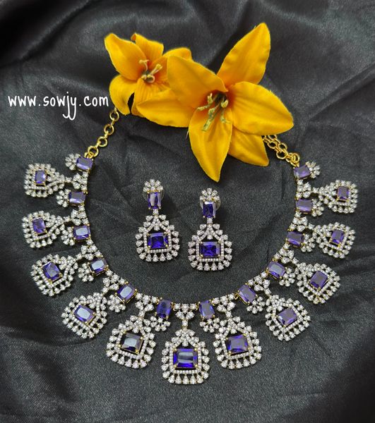 Very Grand Diamond Gold Replica Statement Necklace with Lovely Earrings-Purple!!!