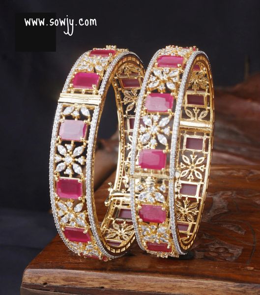 Very Grand Full Zircon Stones Gold Diamond Look Alike Open Type Bangles-set of 2-Ruby-Size 2.4