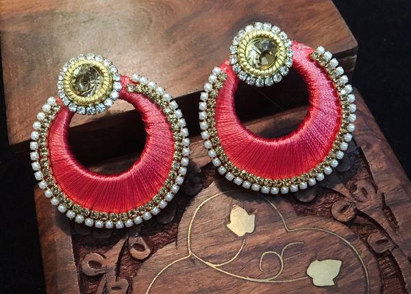 Pinkish Orange- Silk Thread Chaandbali Earrings!!!!