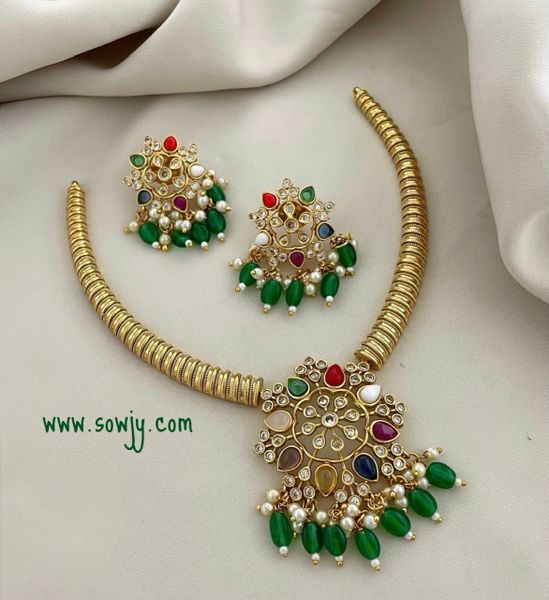 Lovely Floral Big Navarathna Stone Pendant Designer Hasli Necklace with matching Earrings-GREEN!!!