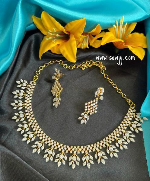 Classy Statement Style Diamond Look Alike Gold Finish Necklace with Designer Earrings!!