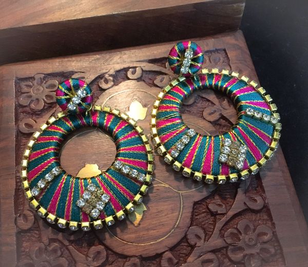 Dark Pink and Green-- Silk Thread Chaandbali Earrings!!!!