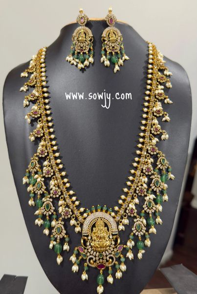 Beautiful Lakshmi Big Pendant Guttapusalu Long Haaram with Emerald Russian Beads and Rice Pearl Hangings with Matching Long Earrings!!!