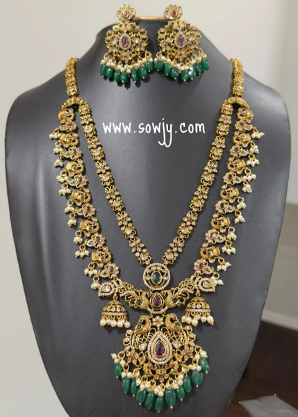 Beautiful Big Peacock Pendant in Two Layer Designer Very Long Haaram with matching Big Light Weighted Earrings!!!