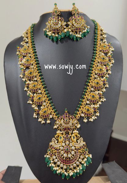 Very Grand Jadau Replica Designer Big Size Real Kemp Stone Peacock Pendant Paisley/Maanga Very Long Haaram with Matching Big Light Weighted Earrings!!!