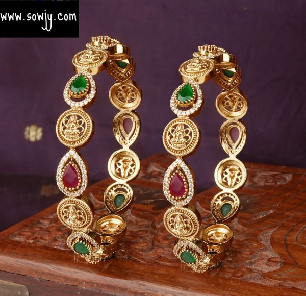 Lovely Gold Look Alike Lakshmi Tear Drop Designer Bangles- Set of 2-Size 2.8