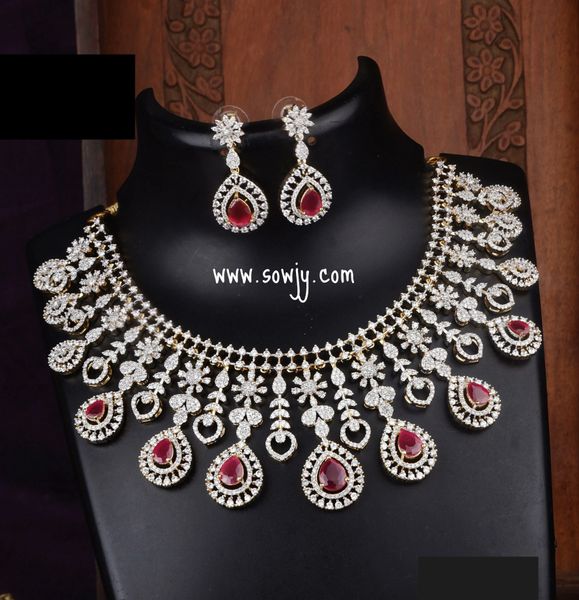 Very Grand Diamond Look Alike Showstopper Set Necklace with Matching Earrings- Red Stones!!!