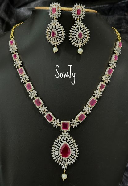 Classy Designer Diamond Look Alike Floral Necklace with Matching Medium Size Earrings- Ruby!!!