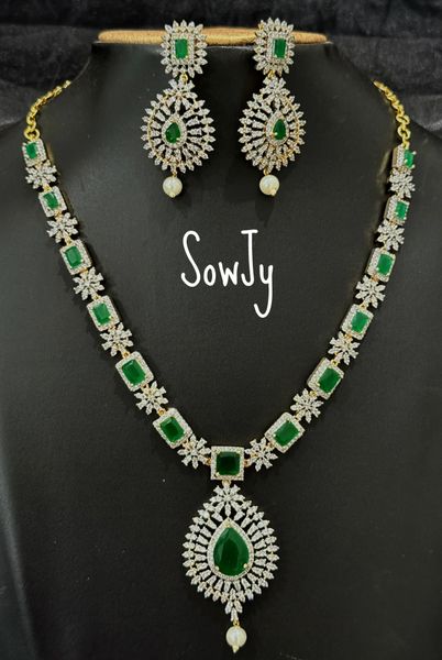 Classy Designer Diamond Look Alike Floral Necklace with Matching Medium Size Earrings- Emerald Green!!!