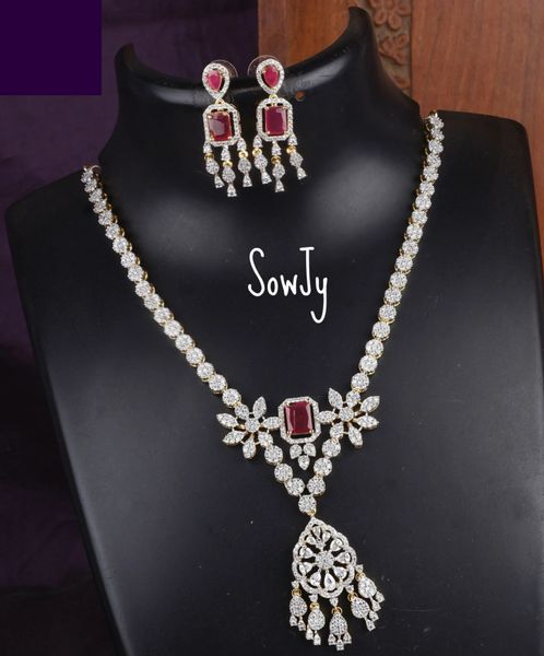 Classy Single Line Designer Diamond Replica Necklace with Matching Earrings- Ruby!!!