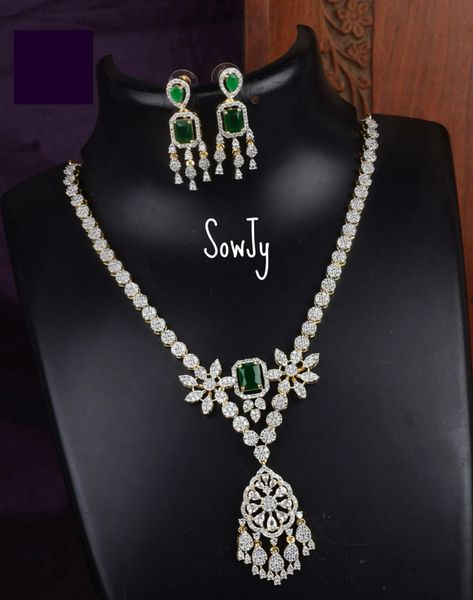 Classy Single Line Designer Diamond Replica Necklace with Matching Earrings- Emerald !!!