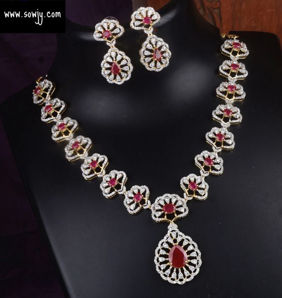 Classy Designer Diamond Replica Necklace Set with Matching Earrings-Ruby!!!