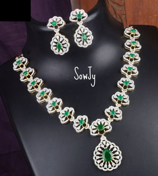 Classy Designer Diamond Replica Necklace Set with Matching Earrings-Emerald!!!