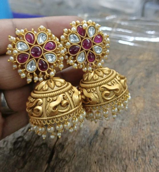 Nakshi (3D Embossed) Designer XL Big Size Big Studs Jhumkas with Red and White Kundan Stones and Pearl Hanging Beads!!!!