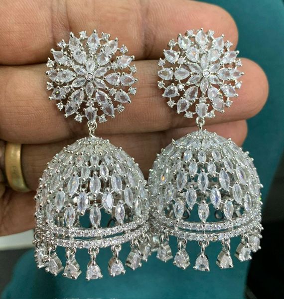 Very Big Size Zircon Stones Light Weighted Party Wear Jhumkas in Full Silver Finish !!!