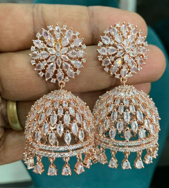 Very Big Size Zircon Stones Light Weighted Party Wear Jhumkas in Rose Gold Finish !!!