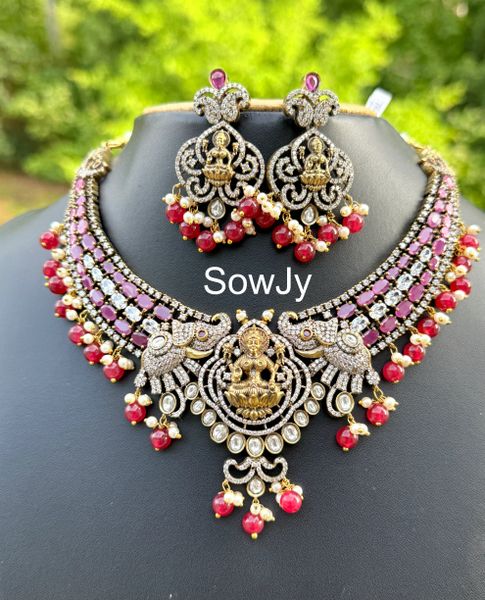 Beautiful and Very Grand Victorian Mehandi Finish Gajalakshmi Necklace with Matching Earrings- RUBY !
