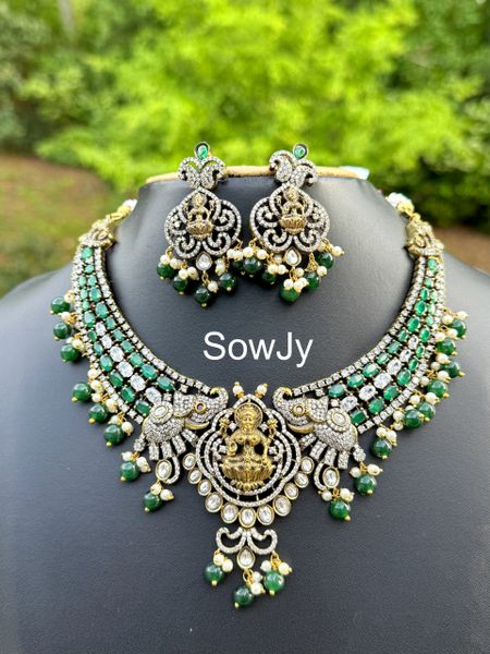 Beautiful and Very Grand Victorian Mehandi Finish Gajalakshmi Necklace with Matching Earrings- GREEN !!!