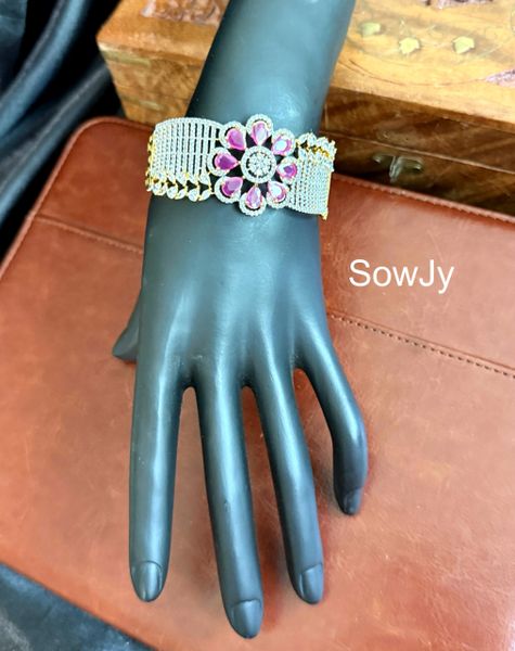 Very Broad Open Type Single Big Size Bangles with Floral Pendant and Full CZ Stones- Ruby!!!