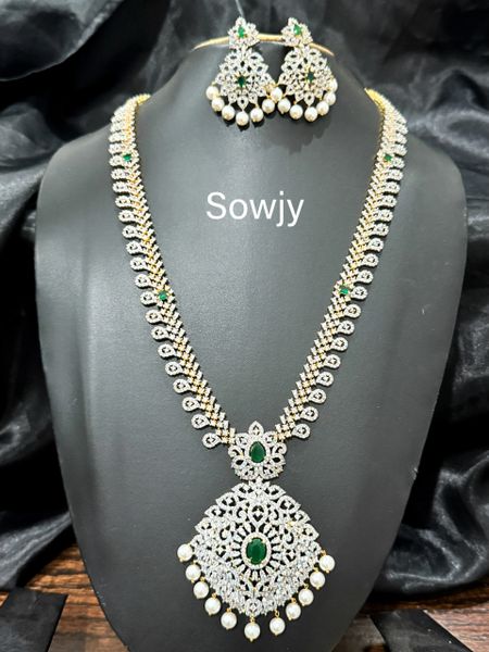 Grand Designer Diamond Replica Gold Look Alike Very Long Haaram with Matching Earrings -Emerald Green!!!!