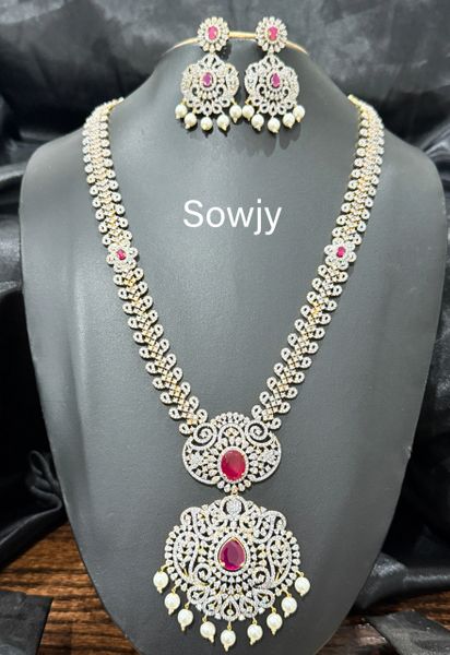 Grand Designer Diamond Replica Gold Look Alike Very Long Haaram with Matching Earrings -Ruby Red!!!!