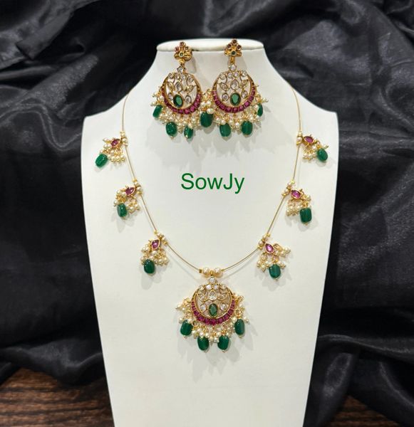Lovely Chaandbali Lotus Flower Designer Pendant Design Jadau Replica Real Kemp Stone Pendant Invisible Chain Set with Earrings-Design 5 !!!