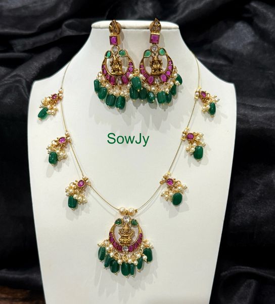 Beautiful Lakshmi Chaandbali Pendant Designer Pendant Design Jadau Replica Real Kemp Stone Pendant Invisible Chain Set with Earrings-Design 6 !!!