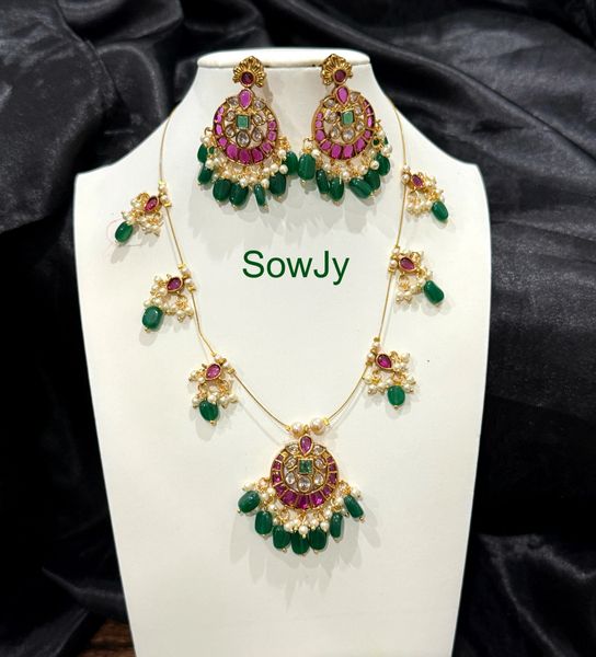 Beautiful Floral Chaandbali Pendant Designer Pendant Design Jadau Replica Real Kemp Stone Pendant Invisible Chain Set with Earrings-Design 7 !!!
