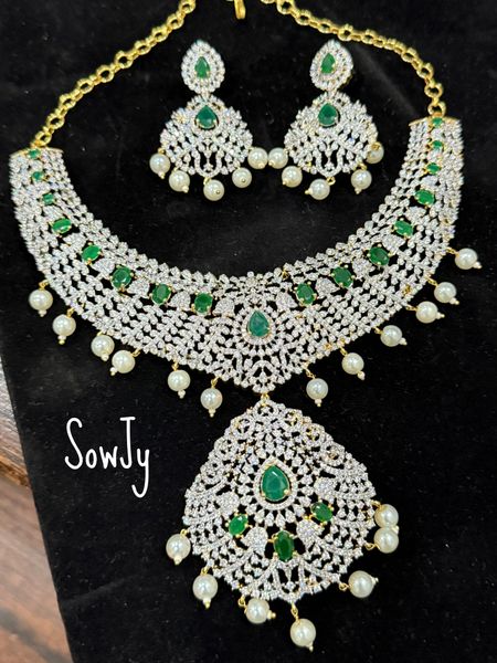 Very Grand Diamond Replica Big Intricate Designer Work Necklace with Matching Earrings- Green Stones!!!