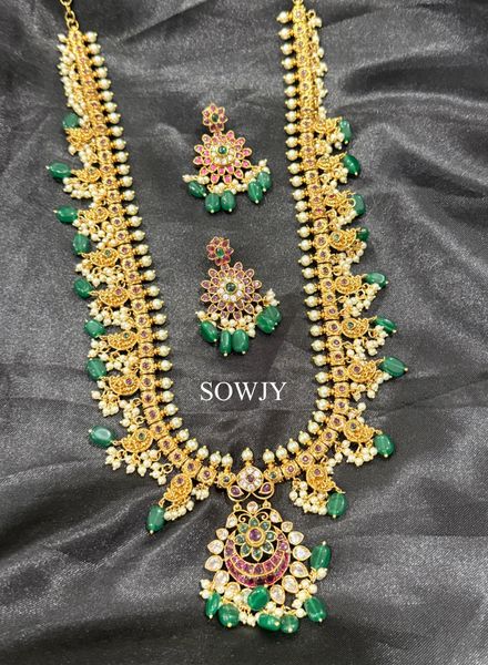 Beautiful Chaandbali Floral Pendant Guttapusalu Long Haaram with Matching Earrings- NO GOD/ GODDESS and NO ANIMAL MOTIFS!!!