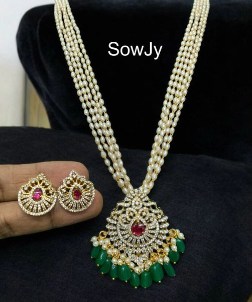 Beautiful AD Stone Pendant In Long Layered Rice Pearl Maala with Matching Earrings- Red Stone and Green Hanging Beads!!!