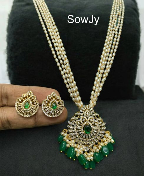 Beautiful AD Stone Pendant In Long Layered Rice Pearl Maala with Matching Earrings- Green Stone and Green Hanging Beads!!!