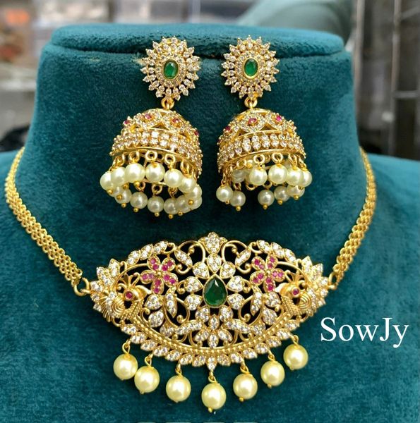 Simple and Elegant Gold Replica Choker Set with medium Sized Jhumkas!!!
