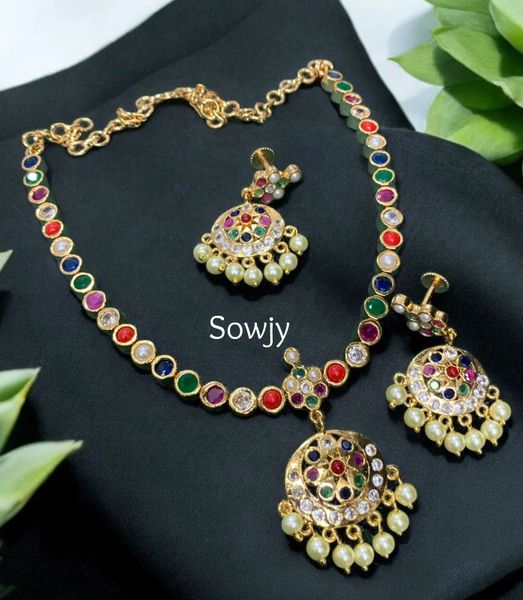Lovely Navaratna Stones Gold replica Designer Attigai Style Necklace with Screwback Earrings!!!