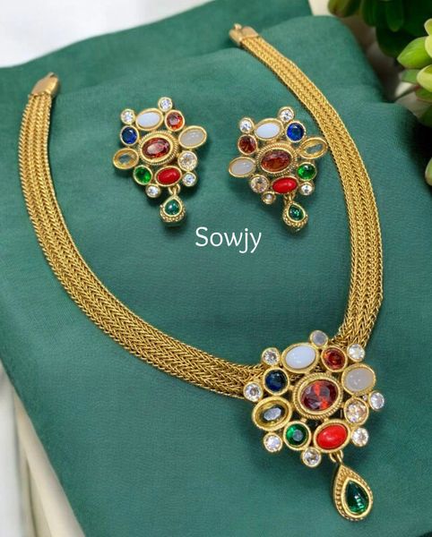 Simple Navarathna/Multi-Color Stones Pendant in Short Gold Attigai Style Chain with Earrings!!!
