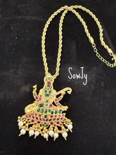 Beautiful Goddess Saraswati Devi Real Kemp Stone Big Pendant In Gold Finish and In Designer Short Chain-NO EARRINGS!!!!