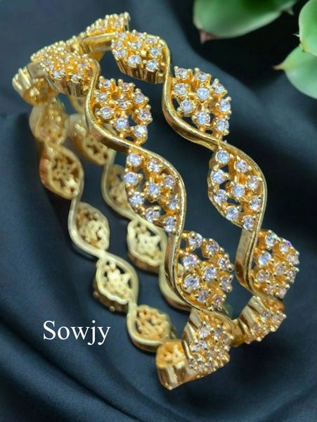 Lovely White AD Stone Curvy Pattern Gold Look Alike Bangles- Set of 2- Size 2.8!!!