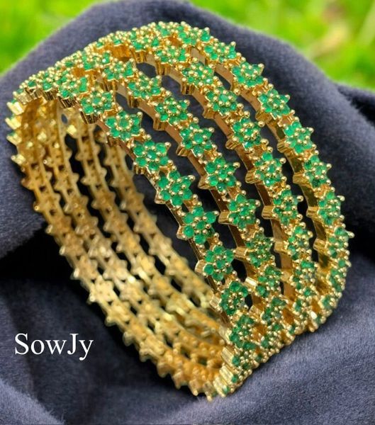 Beautiful Star Design Full Emerald Stones Bangles-Set of 4- Size 2.4!!!