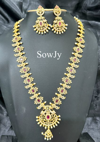 Beautiful Peacock Ruby and White AD Stone Grand Designer Long Haaram with Matching Earrings!!!