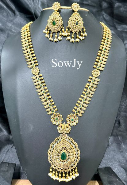Very Grand Designer Big Floral Peacock Pendant Long Haaram with matching Big Earrings- Green Stone!!!