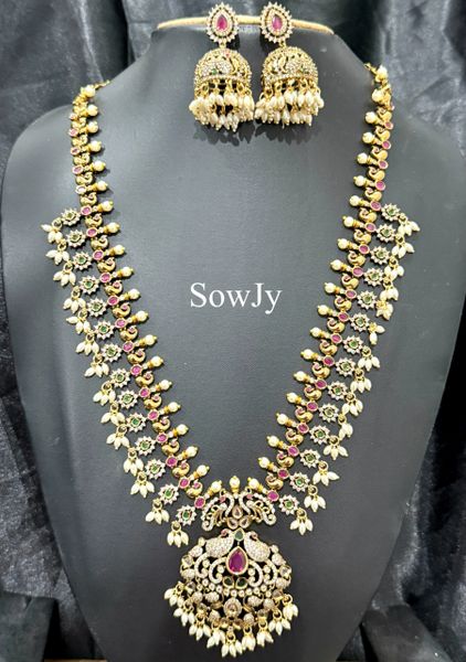 Lovely Peacock Kemp and AD Stone Pendant Long Guttapusalu Haaram with Matching Jhumkas!!!