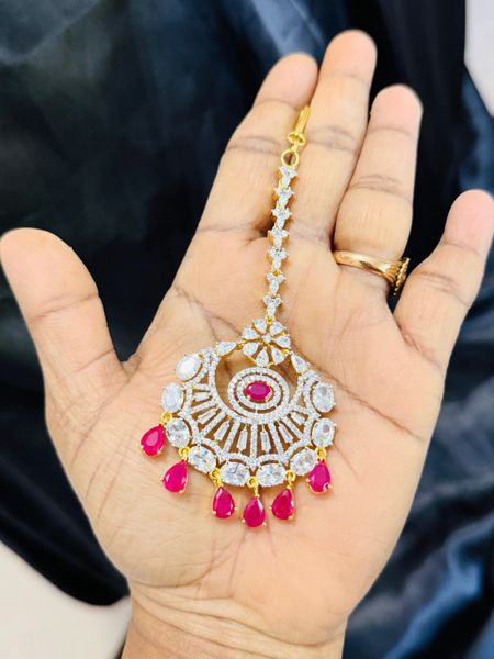 Lovely Gold Finish Diamond Look Alike Bg Size Tikka- Ruby Stone-Design6!!!
